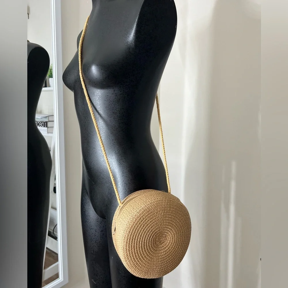 Tan Round Straw Crossbody Bag - Picture 1 of 5